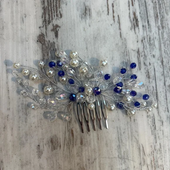 Blue Crystal & Pearl Bridal Hair Comb - Picture 10 of 16